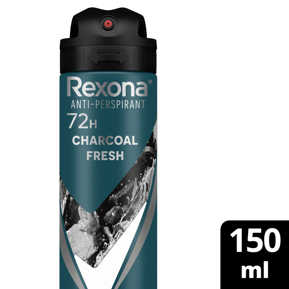 REXONA MEN  بخاخ مضار للتعرق للرجال من ريكسونا، يمنحك حماية ٧٢ ساعة من رايحة العرق والبلل، انتعاش الفحم، مزوّد بتقنية موشن سينس، ١٥٠ مل